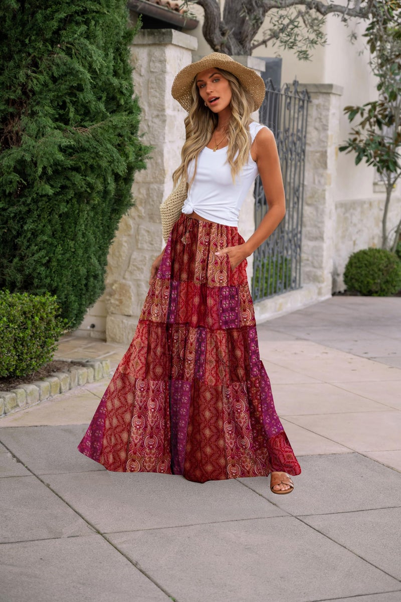 Punude Women's 2026 Summer Skirt High Waist Flowy A Line Boho Skirt Maxi Skirt with Pockets Red M - Image 2