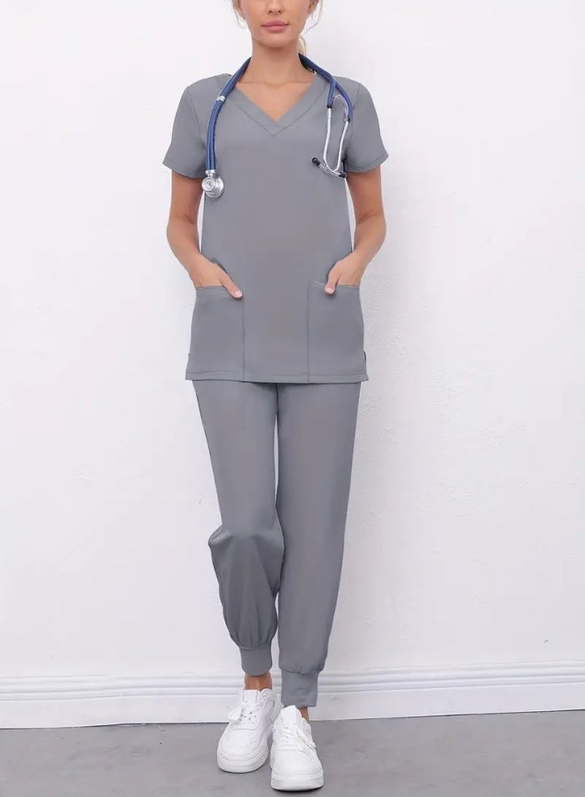 Solid Two-piece Set For Nurse, Short Sleeve V-neck Dual Pockets Top & Drawstring Jogger Pants Outfits, Women's Clothing  - Image 1