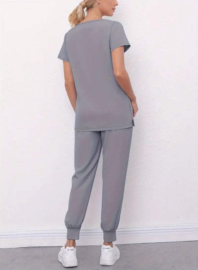 Solid Two-piece Set For Nurse, Short Sleeve V-neck Dual Pockets Top & Drawstring Jogger Pants Outfits, Women's Clothing  - Image 2