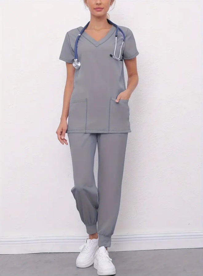 Solid Two-piece Set For Nurse, Short Sleeve V-neck Dual Pockets Top & Drawstring Jogger Pants Outfits, Women's Clothing  - Image 3