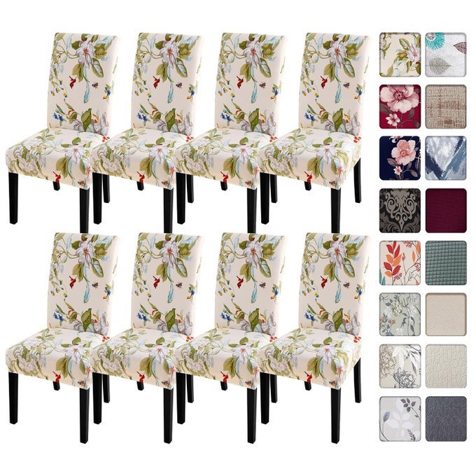 DINING ROOM CHAIR COVERS SLIPCOVERS SET OF 8 SPANDEX SUPER FIT STRETCH REMOVABLE WASHABLE KITCHEN PARSONS CHAIR COVERS PROTECTOR FOR DINING ROOMHOTELCEREMONYBEIGEFLOWERS