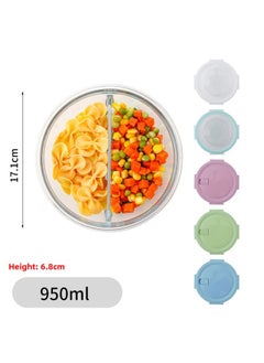 Glass Lunch Box Bento Box Fresh-keeping Bowl Sealed Box Lunch Box Fresh-keeping Box Can Enter Microwave Glass Bowl Fruit Box-Specifications:Large Round Two Partitions 950ml-Color:Chrysanthemum Blue