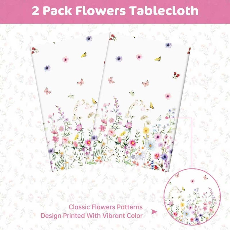 Litmitfu 2 Pcs Spring Floral Tablecloth - Plastic Wildflower Butterfly Party Table Cover, Disposable Rectangle Flower Table Cloth for Easter Birthday Weeding Garden Tea Party Supplies Decorations, 108x54 Inch - Image 4