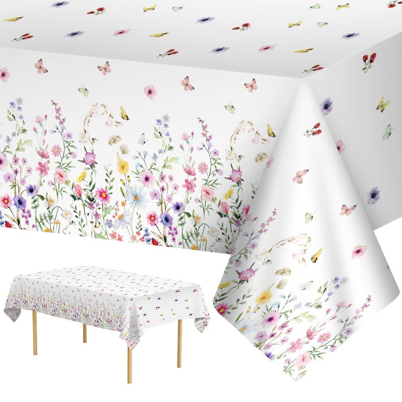 Litmitfu 2 Pcs Spring Floral Tablecloth - Plastic Wildflower Butterfly Party Table Cover, Disposable Rectangle Flower Table Cloth for Easter Birthday Weeding Garden Tea Party Supplies Decorations, 108x54 Inch - Image 1