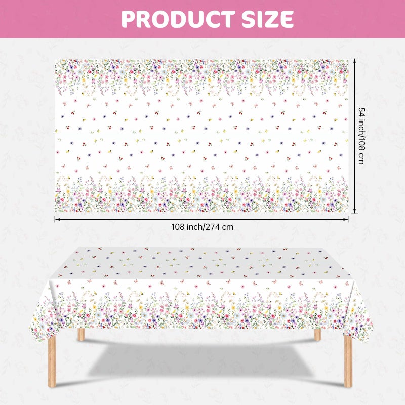 Litmitfu 2 Pcs Spring Floral Tablecloth - Plastic Wildflower Butterfly Party Table Cover, Disposable Rectangle Flower Table Cloth for Easter Birthday Weeding Garden Tea Party Supplies Decorations, 108x54 Inch - Image 3