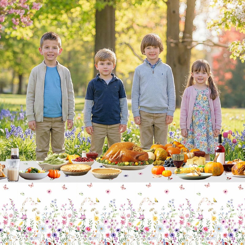 Litmitfu 2 Pcs Spring Floral Tablecloth - Plastic Wildflower Butterfly Party Table Cover, Disposable Rectangle Flower Table Cloth for Easter Birthday Weeding Garden Tea Party Supplies Decorations, 108x54 Inch - Image 2