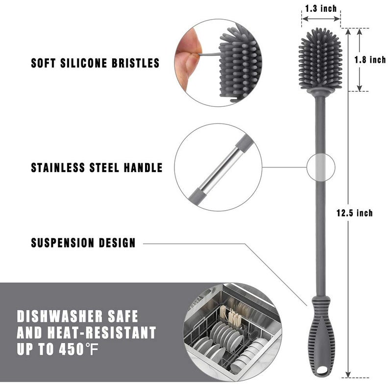 ddLUCK Silicone Bottle Cleaning Brush with Long Handle, 12.5" Water Bottle Cleaner for Baby Bottles, Hydro Flask, Sports Bottle, Vase, Glassware, Perfect for Smaller Diameter Bottle Openings (One Pack) - Image 4