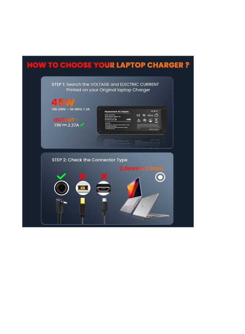 Terabyte 45W Laptop Charger for Acer Chromebook 11 13 14 15 A13-045N2A C720 CB3-431 PA-1450-26 R11 Acer Aspire One Cloudbook AO1-131 AO1-431 R14 R5 V3-371 Travelmate Series 3.0 x 1.1mm 19V 2.37A - Image 3