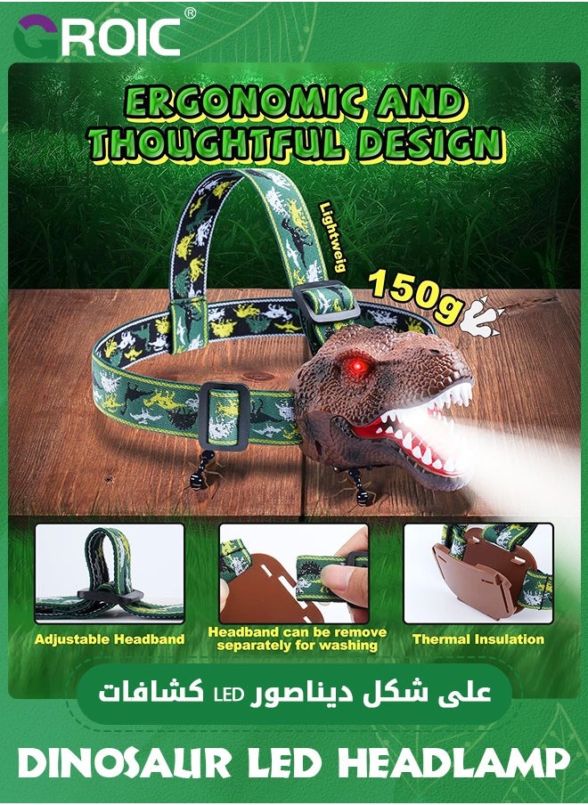 GROIC - Dinosaur Headlamp T-Rex LED Headlamps for Kids Flashlights Camping Gear - Dinosaur Toys for Kids Outdoor Toys for Kids Birthday Stocking Stuffers - Image 1