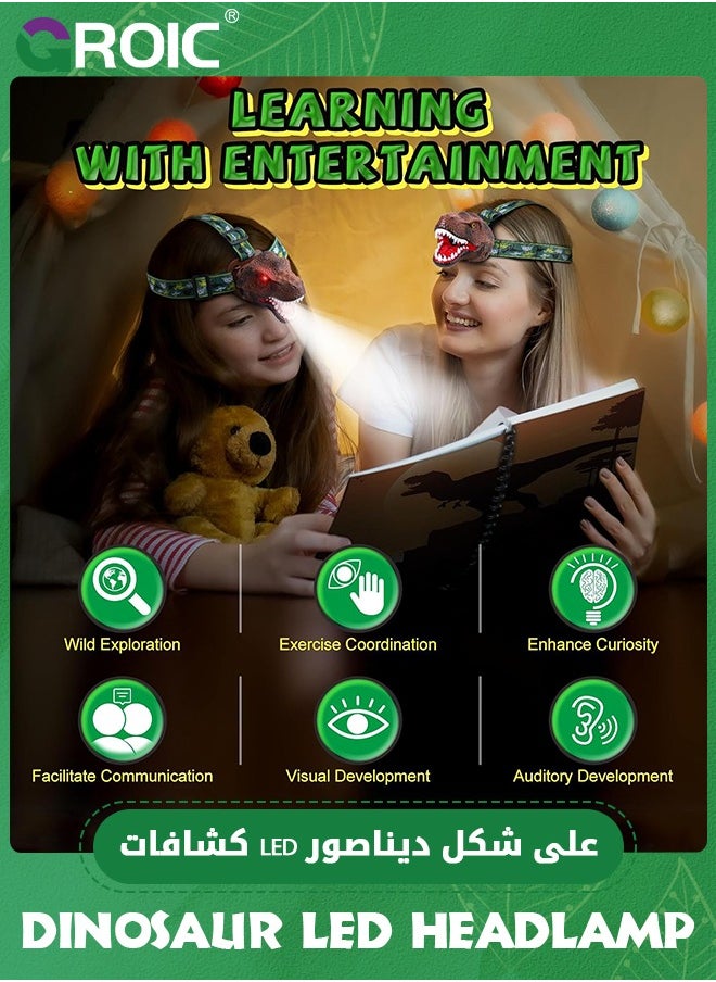 GROIC - Dinosaur Headlamp T-Rex LED Headlamps for Kids Flashlights Camping Gear - Dinosaur Toys for Kids Outdoor Toys for Kids Birthday Stocking Stuffers - Image 1