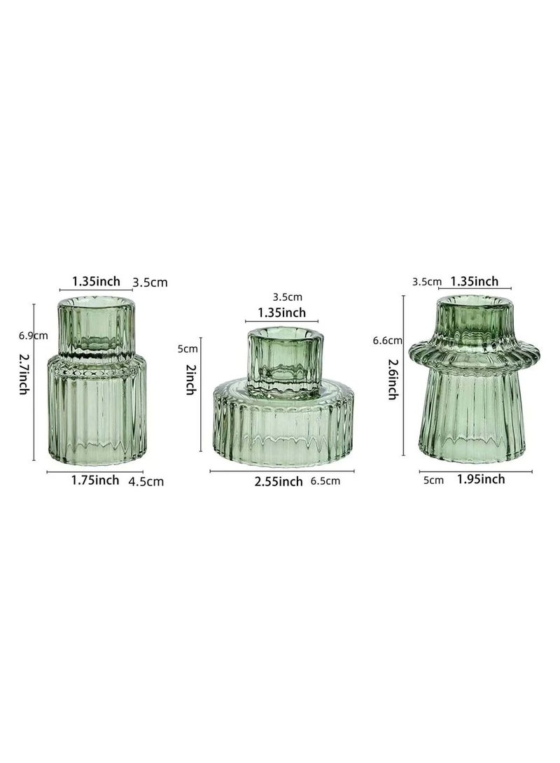 3-Piece Set Of Green Glass Candlesticks With Vertical Stripes, Dual-Purpose Candlesticks, Glass Candlestick Cups, Thick Candles And Thin Candles, Dual-Purpose High-End Candle Cups, Household Candlestick Ornaments,Halloween,Spooky,Autumn, Winter,Holiday,Festival,Room Decor,Gifts - Image 4