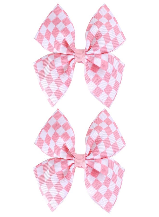 Miroksh Racing Checkered Flag Hair Bow Clips 4'' Pink White Buffalo Plaid Printed Grosgrain Ribbon Pigtail Bowknot Barrettes Alligator Hairpins for Girls Women Race Fans Birthday Gift - Image 1