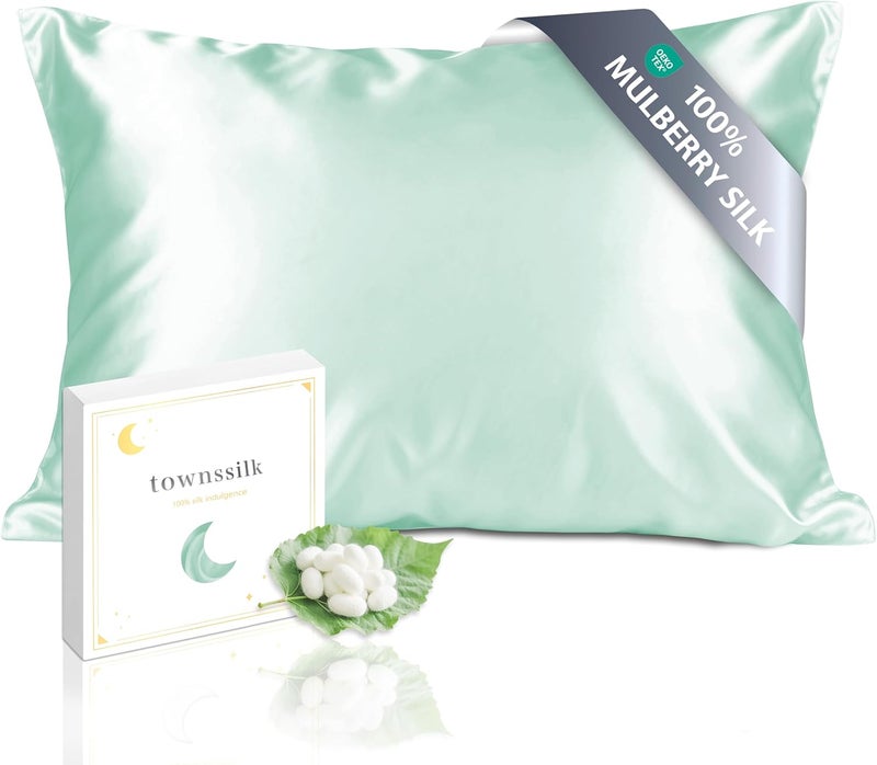townssilk Silk Pillowcase 100% 19 mm Pure Mulberry Silk, Double-Sided Silk, for Hair Skin Health, Pillowcase Silk, Hidden Zip 600 Thread Count, 1 Piece, 50 x 60 cm, Light Green - Image 1