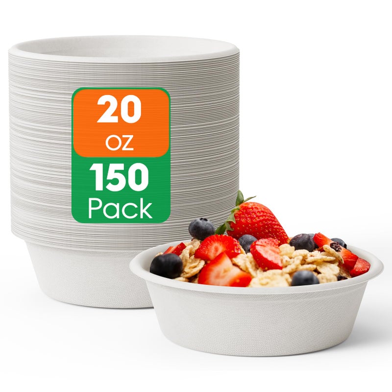ECOLipak 20 OZ 150 Count Paper Bowls Disposable Compostable Large Soup Bowl Heavy Duty Bagasse Bowls for Family Lunch Dinner Meals Camping Party