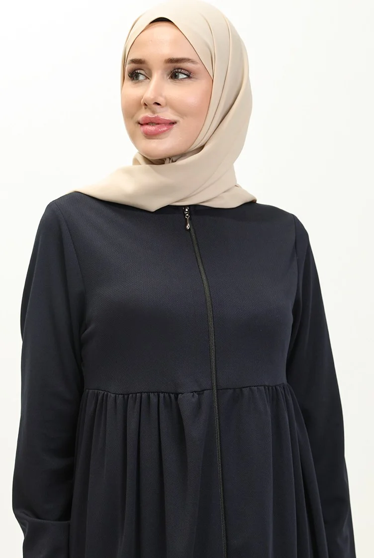 Sefa Merve Pleated Zippered Abaya 0695-01 Navy Blue