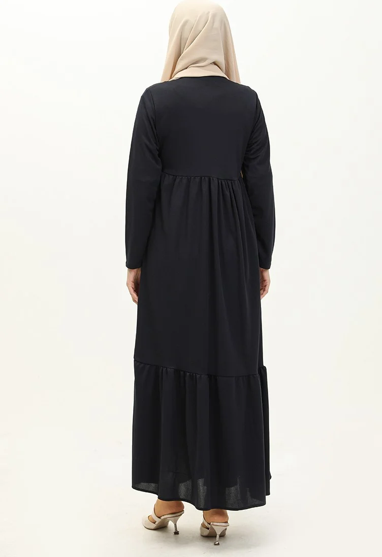 Sefa Merve Pleated Zippered Abaya 0695-01 Navy Blue