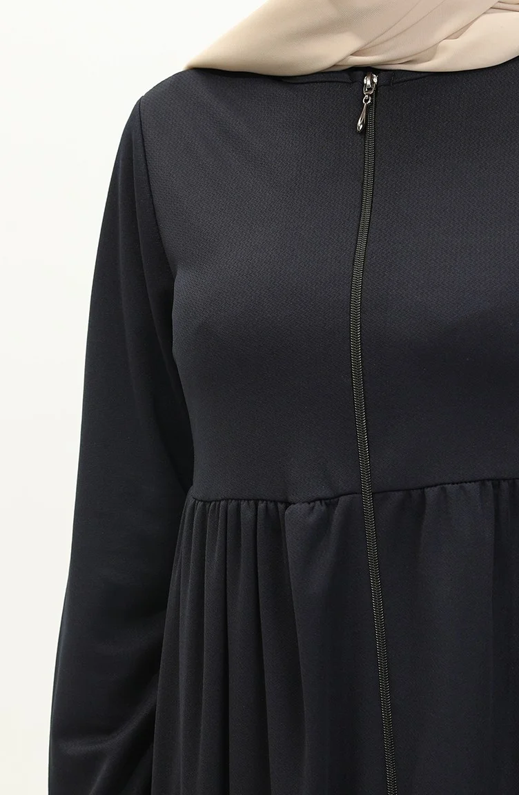 Sefa Merve Pleated Zippered Abaya 0695-01 Navy Blue
