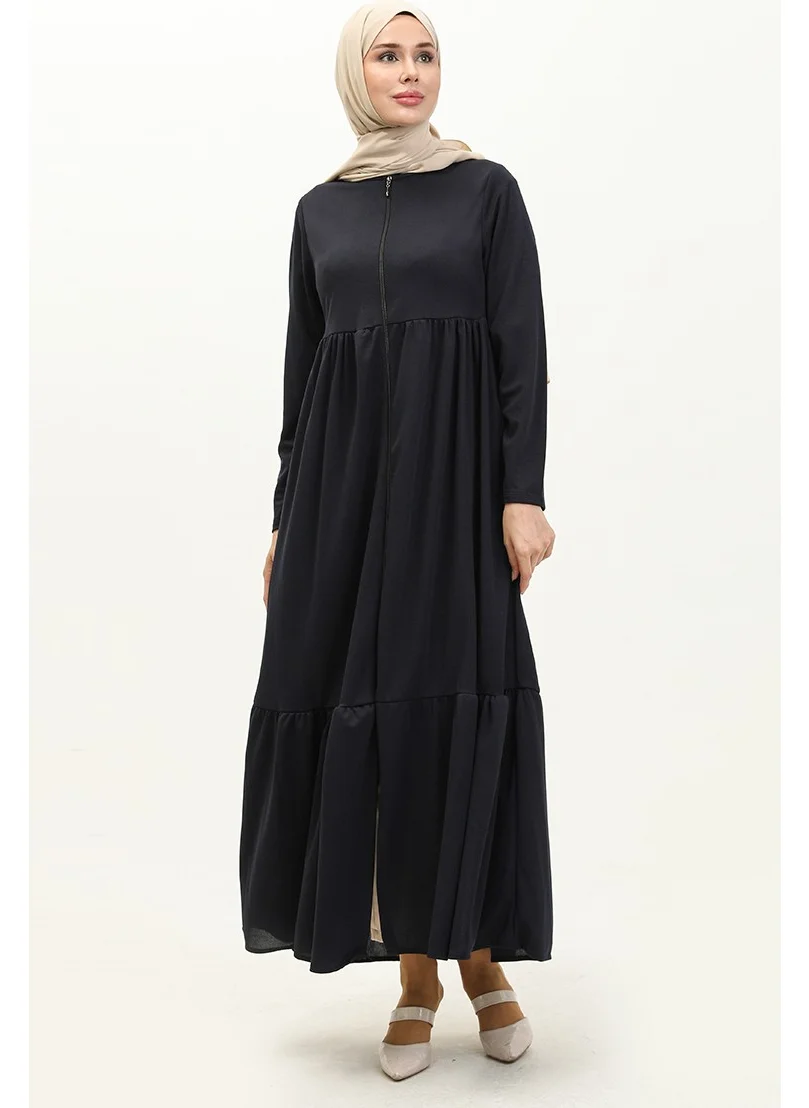 Sefa Merve Pleated Zippered Abaya 0695-01 Navy Blue