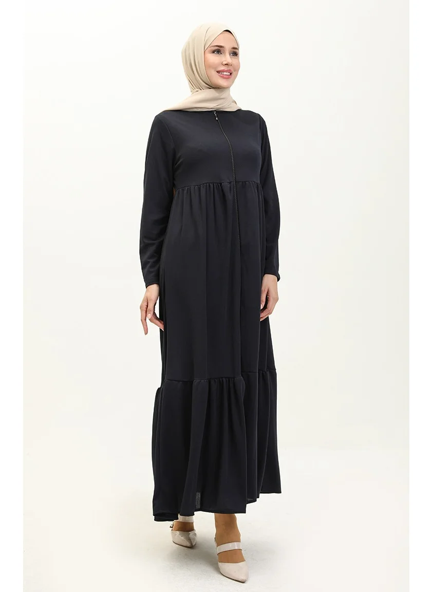 Sefa Merve Pleated Zippered Abaya 0695-01 Navy Blue