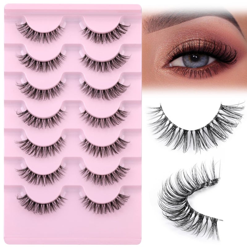 JIMIRE Lashes Natural Look Clear Band DemiWispies Short False Eyelashes Fluffy 3D Cat Eye 13MM Strip Lashes 7 Pairs Pack