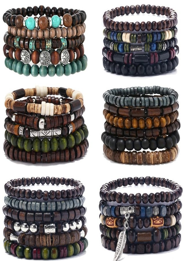 FIRAZIO 32 Pcs Wooden Beaded Bracelets for Men Adjustable Pulseras Para Hombres Set, Mens Bracelet Meaningful Gift - Image 1