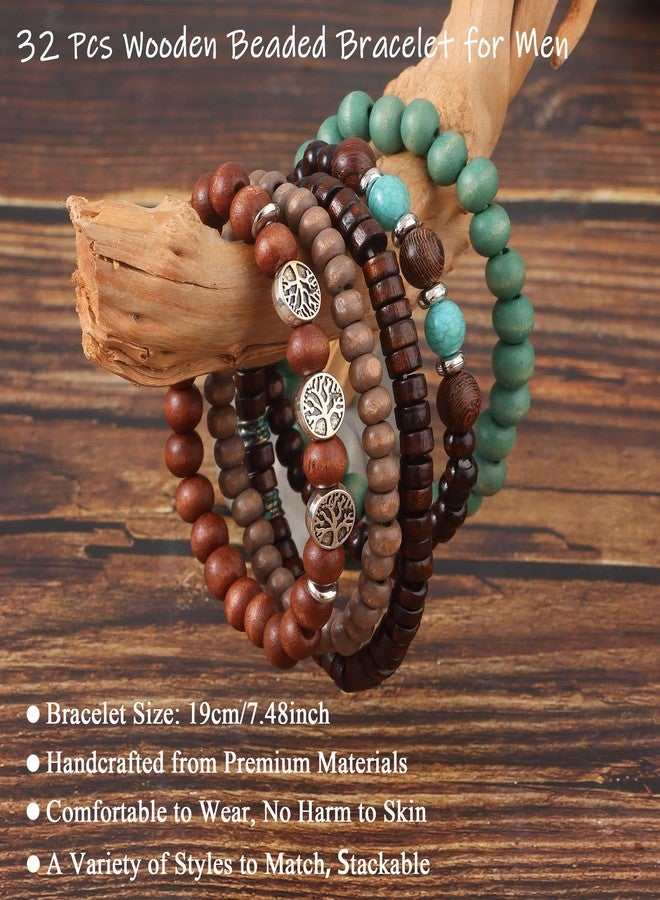 FIRAZIO 32 Pcs Wooden Beaded Bracelets for Men Adjustable Pulseras Para Hombres Set, Mens Bracelet Meaningful Gift - Image 3