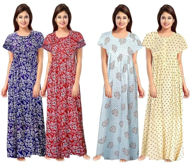 Vlazom Women's Cotton Nightgown – Pack of 4 Printed Maxi Nighties | Ankle Length Night Dress | Free Size Sleepwear (Option-1, Free Size) - Image 1