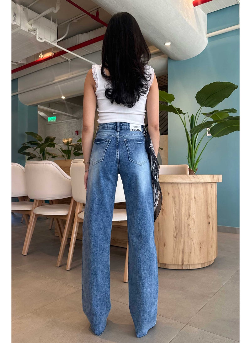 CIZARO Ultra Comfort | Straight-Leg - High-Waist Raw Hem Medium Washed Blue Jeans - Image 2