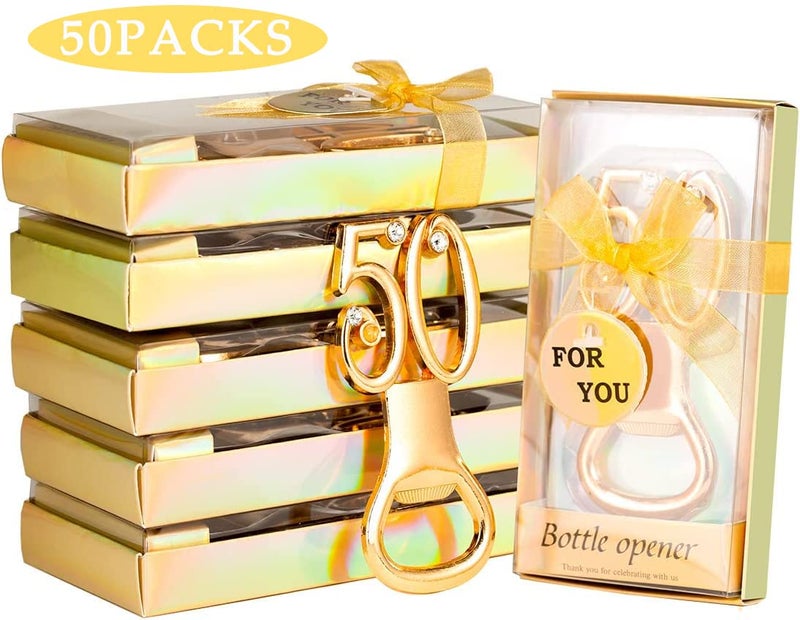 Winocbxt 50PCS Golden 50 Bottle Openers for 50th Birthday Party Favors or 50th Wedding Anniversary Party Gifts - Image 2