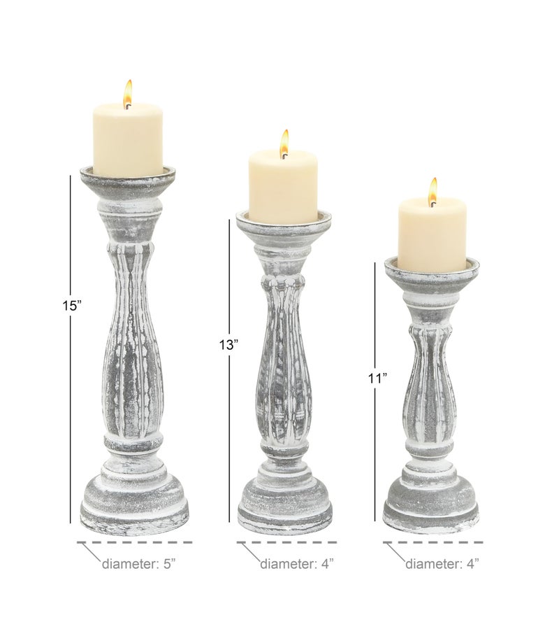 Deco 79 Wooden Decorative Candle Holder Distressed Turned Candle Stand, Set of 3 Candlestick Holder 15 - Image 3