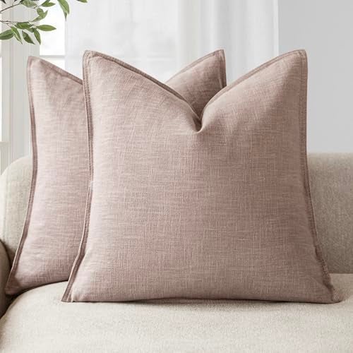 Foindtower Set of 2 Decorative Linen Soild Throw Pillow Covers Soft Accent Euro Cushion Case Boho Farmhouse Pillowcase for Chair Couch Sofa Bedroom Living Room Home Decor 18 x 18 Inch Dusty Pink - Image 1
