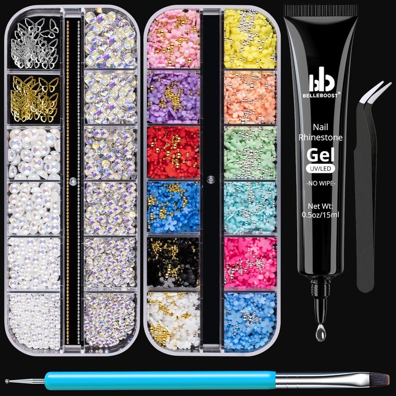 BELLEBOOST Nail Art Rhinestone Glue Gel&2 Boxes 3D Charms Accessories Kit 1, 1 Pc of 15ml Rhinestone Glue(UV/LED Needed)+3D Flowers Nail Decors Gems Crystal Pearls Bow Beads with Dual-End Brush Tool And Tweezer - Image 2