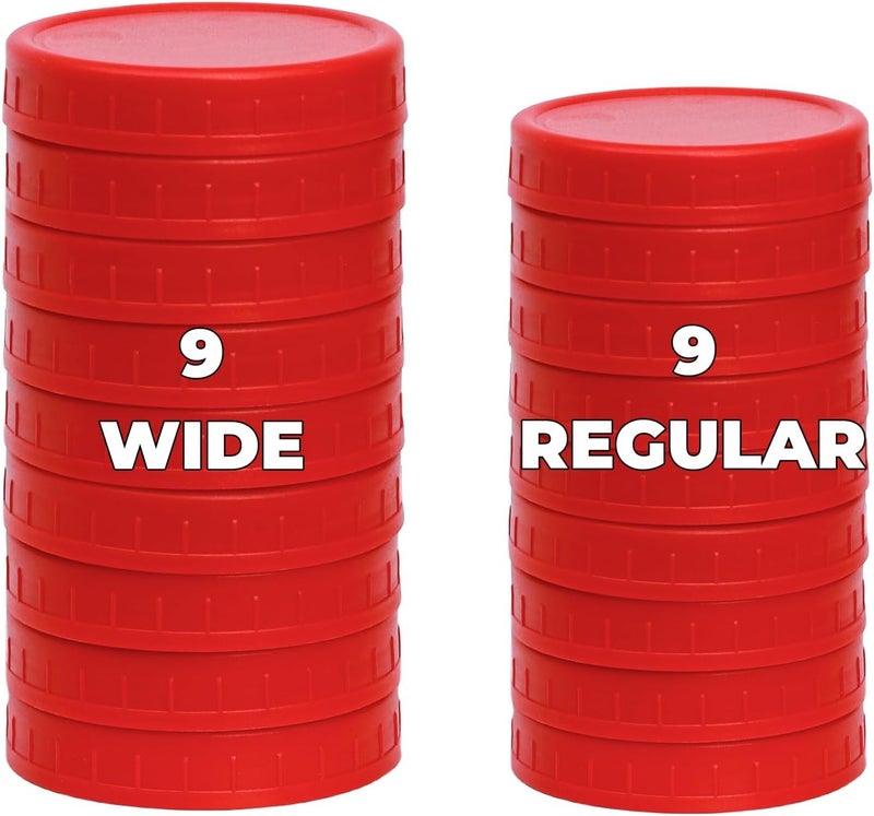Bedgeta 18 Pack 9 Wide Mouth & 9 Regular Mouth Mason Jar Lids with Silicone Rings,Thickened Leak-proof Lids Fit Ball,Kerr and More, Red Plastic Lids, 86mm & 70mm Plastic Mason Jar Lids(Red) - Image 1