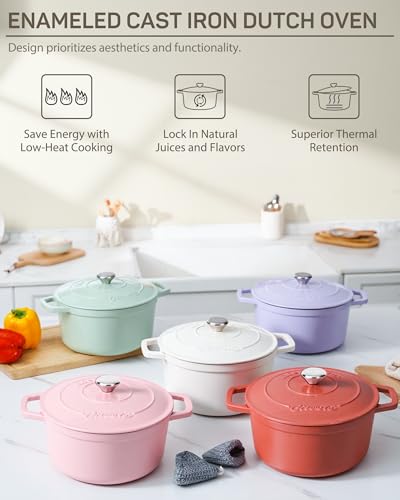 Ciwete 6 QT Dutch Oven Pot with Lid, Enameled Cast Iron Dutch Oven for Bread Making, Braiser, Cooking, Dual Handles, Oven Safe up to 500° F or on Stovetop, Gifts for Family - Off White - Image 4