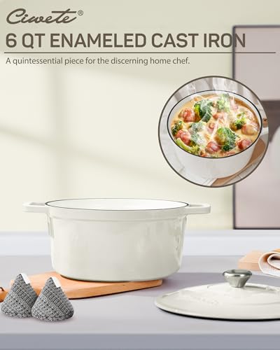 Ciwete 6 QT Dutch Oven Pot with Lid, Enameled Cast Iron Dutch Oven for Bread Making, Braiser, Cooking, Dual Handles, Oven Safe up to 500° F or on Stovetop, Gifts for Family - Off White - Image 2