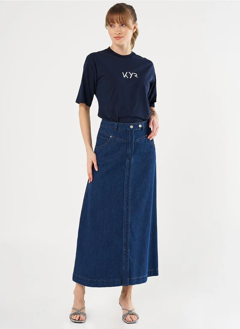 Kayra Button-Detail Denim A-Line Skirt Navy Blue