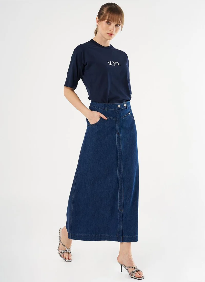 Kayra Button-Detail Denim A-Line Skirt Navy Blue