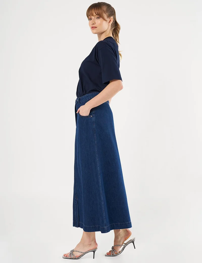 Kayra Button-Detail Denim A-Line Skirt Navy Blue
