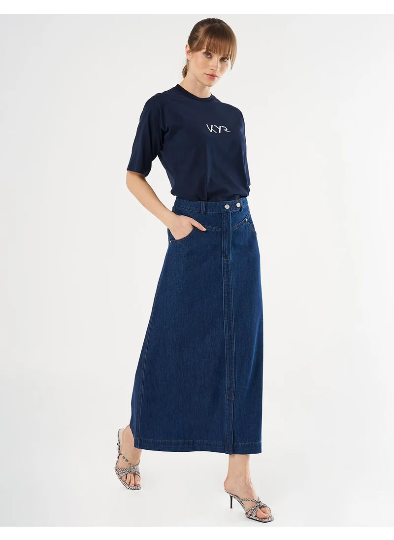 Kayra Button-Detail Denim A-Line Skirt Navy Blue