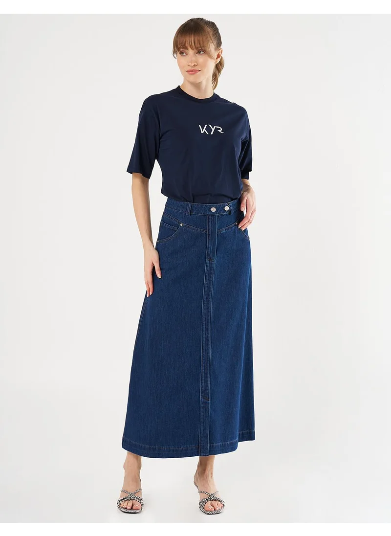 Kayra Button-Detail Denim A-Line Skirt Navy Blue