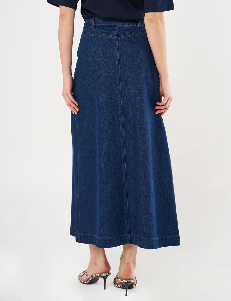 Kayra Button-Detail Denim A-Line Skirt Navy Blue