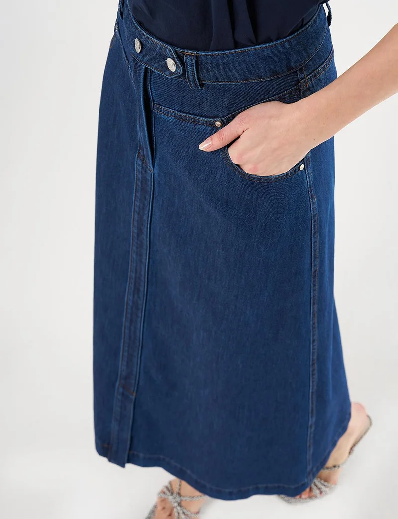 Kayra Button-Detail Denim A-Line Skirt Navy Blue