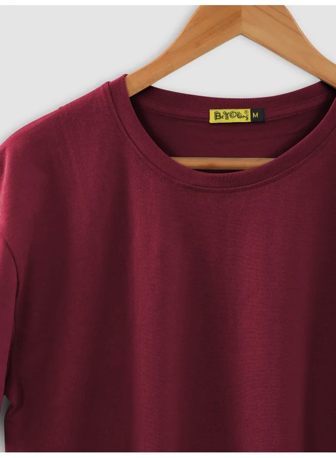 Beyoung Burgundy Plain T-shirt For Men