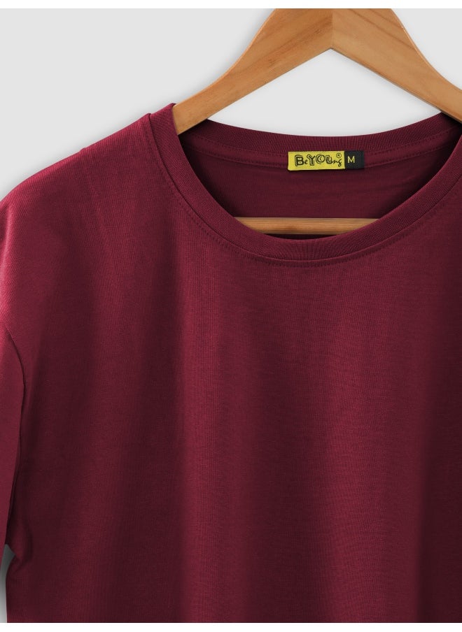Beyoung Burgundy Plain T-shirt For Men  - Image 3