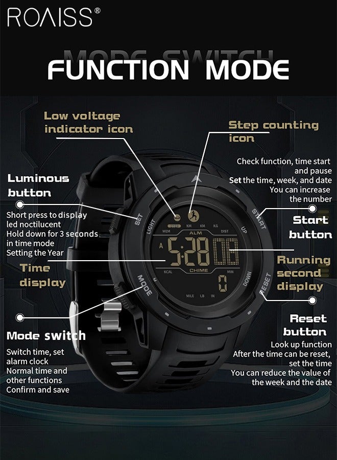 رويس ساعة إلكترونية رياضية رقمية دائرية للرجال بحزام من مادة TPU، ساعة مؤقت متعددة الوظائف للتمرين وتسجيل السعرات الحرارية، ساعة يد كوارتز إلكترونية مضيئة مقاومة للماء كهدية للرجال - Image 5