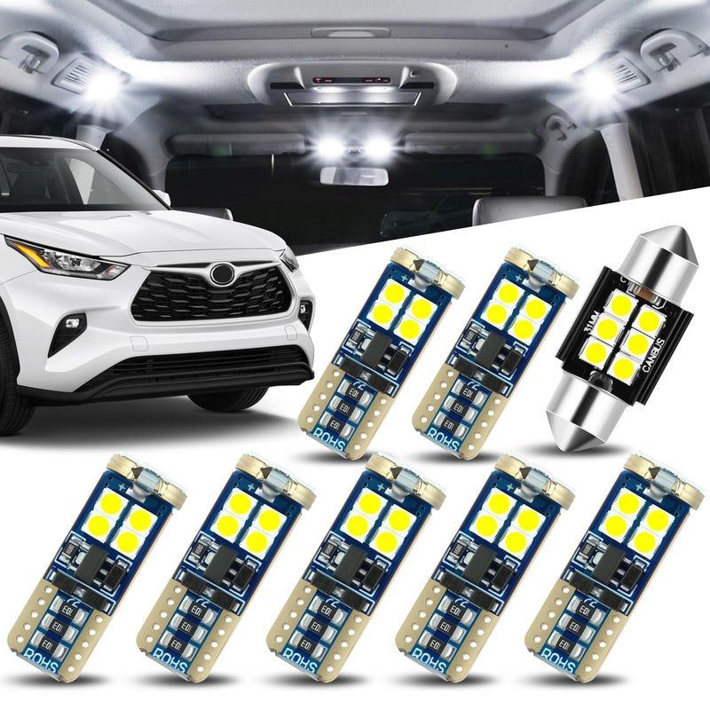Auto Dynasty 8 Pieces 12V 5500K Interior Car Dome Map Cargo License Plate LED Light Bulbs Kit Compatible with Toyota Highlander 20202024