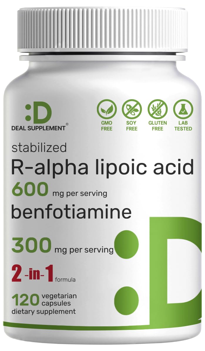 DEAL SUPPLEMENT R Alpha Lipoic Acid 600mg with Benfotiamine 300mg Per Serving 120 Veggie Capsules 200mg RALA Per Capsule Antioxidant Supplement for Energy Nervous System Support