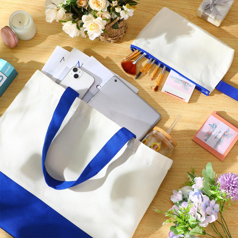 Sanwuta 24 Pcs Canvas Tote Bags Bulk 18.5" Cotton Cosmetic Bags with Zipper Reusable Shopping Tote with Handles(Beige and Blue) - Image 3