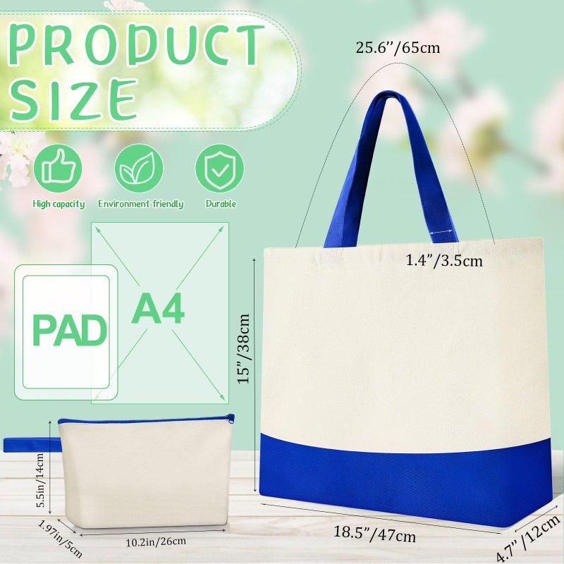 Sanwuta 24 Pcs Canvas Tote Bags Bulk 18.5" Cotton Cosmetic Bags with Zipper Reusable Shopping Tote with Handles(Beige and Blue) - Image 4