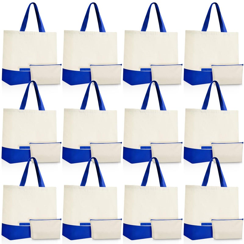 Sanwuta 24 Pcs Canvas Tote Bags Bulk 18.5" Cotton Cosmetic Bags with Zipper Reusable Shopping Tote with Handles(Beige and Blue) - Image 1